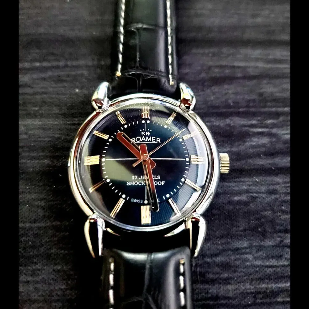 Rare Roamer Brevete Swiss Mens Manual Watch Slv Blu‎ Blk